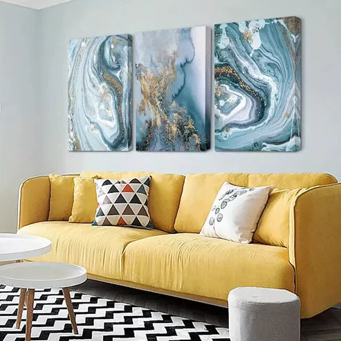 3pcs Blue & Golden Abstract Watercolor Wall Art Canvas Unframed - High Quality Print 100% Australian Made Wall Canvas - Bella Home Decor