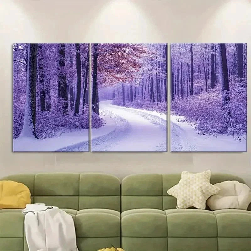 3pcs Purple Snow Covered Woodland RW  Wall Art Set Canvas Framed 60x90cm - High Quality Print 100% Australian Made Wall Canvas Ready to Hang
