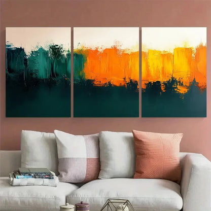 3pcs Green Orange Abstract Brushstroke Design Metal Print Ready to Hang Art