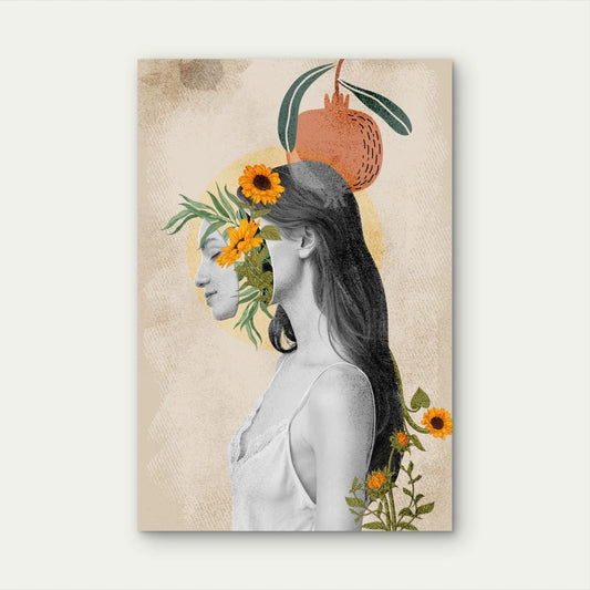 Woman Profile with Sunflowers and Pomegranate 40x60cm Metal Print Ready to Hang
