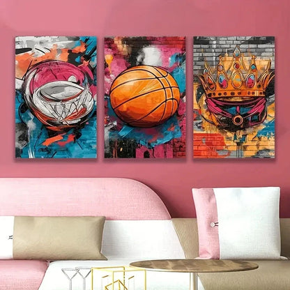 3pcs Vibrant Basketball Artwork Wall Art Set Canvas Framed 60x90cm - High Quality Print 100% Australian Made Wall Canvas Ready to Hang