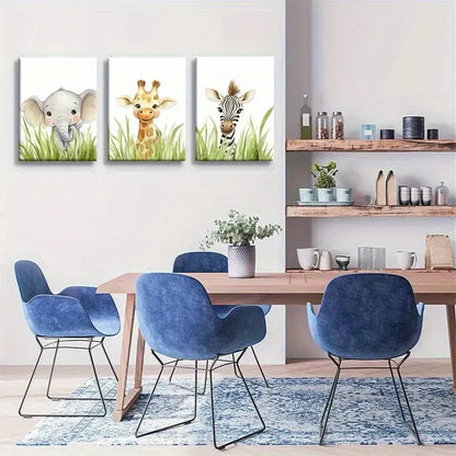3pcs Cute Wildlife Elephant Giraffe Zebra Metal Print Ready to Hang Art - Bella Home Decor