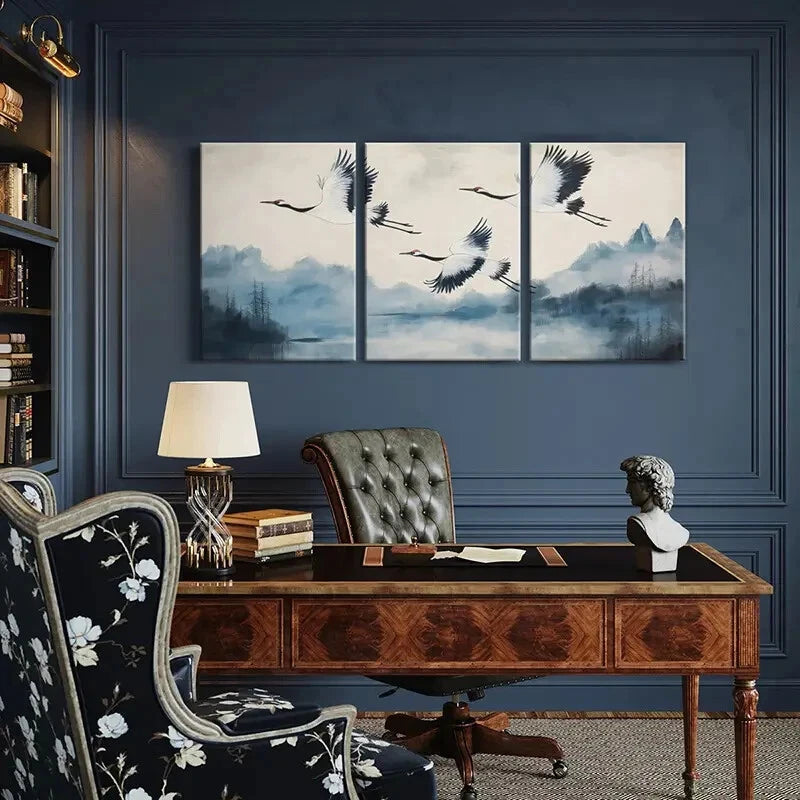 3pcs Elegant Crane Flight Traditional Asian Art Metal Print Ready to Hang Art - Bella Home Decor
