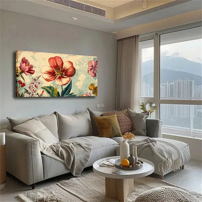 Orange & Blue Flowers Light Wall Art Canvas Office Home Room Framed 120x60cm - Bella Home Decor