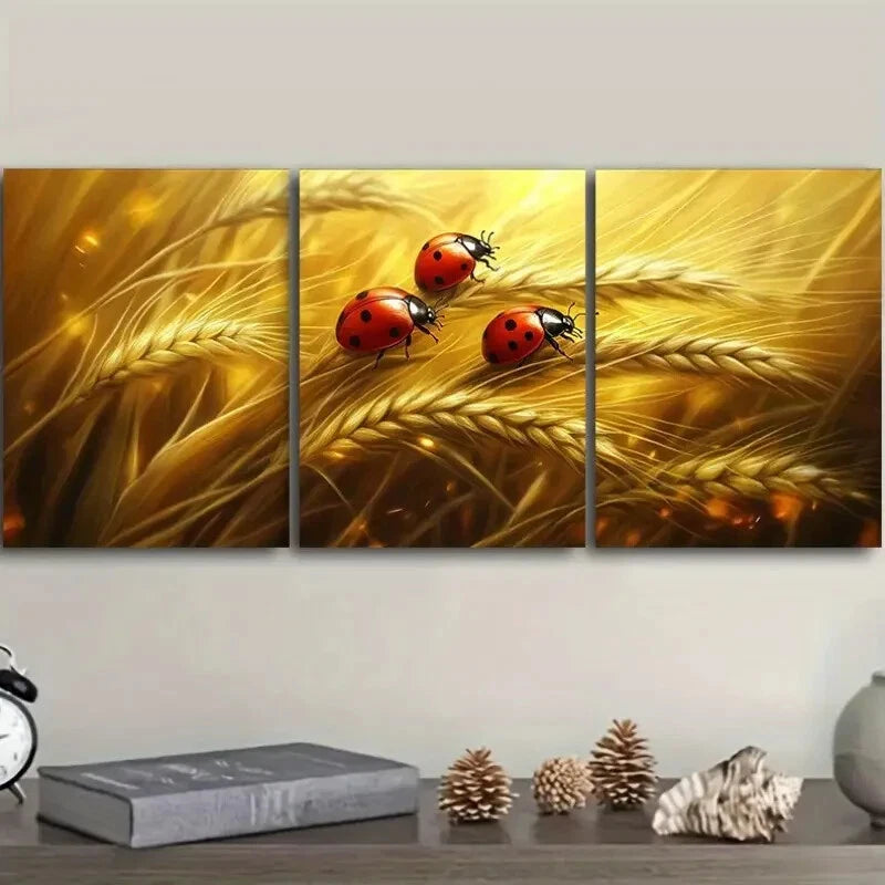 3pcs The ladybug is standing on the wheat Wall Art Set Canvas Framed 40x60cm - High Quality Print 100% Australian Made Wall Canvas Ready to Hang