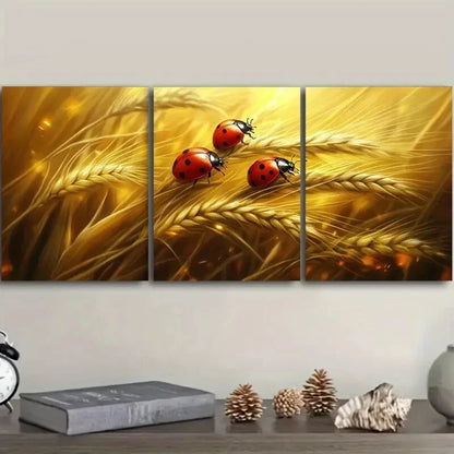 3pcs The ladybug is standing on the wheat Wall Art Set Canvas Framed 40x60cm - High Quality Print 100% Australian Made Wall Canvas Ready to Hang