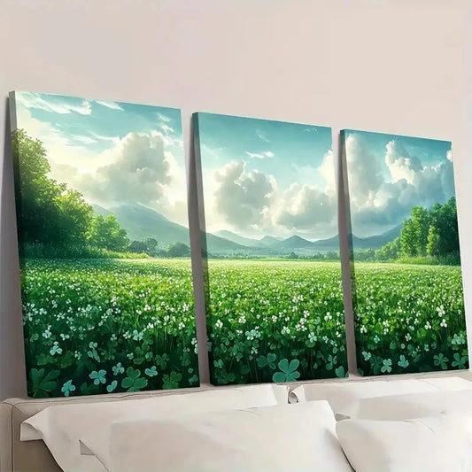 3pcs Clover Watercolor Poster Meadow FJ Wall Art Set Canvas Framed 50x70cm - High Quality Print 100% Australian Made Wall Canvas Ready to Hang