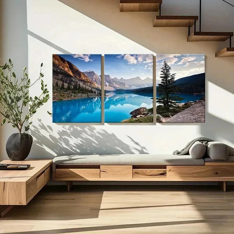 3pcs Vibrant Mountain Lake Scenery Tranquil Sky Wall Art Set Canvas Framed 50x70cm - High Quality Print 100% Australian Made Wall Canvas Ready to Hang - Bella Home Decor