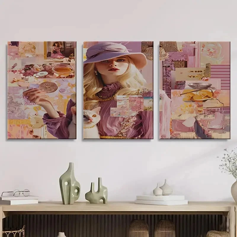 3pcs Cute Pastel Collage Wall Art Set Canvas Framed 50x70cm - High Quality Print 100% Australian Made Wall Canvas Ready to Hang - Bella Home Decor