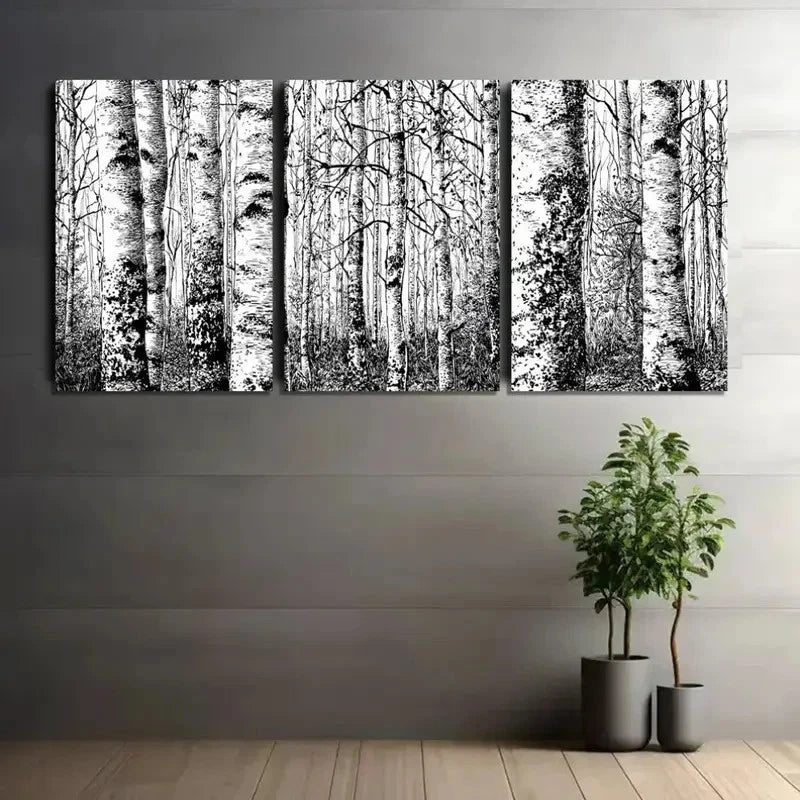 3pcs Black and White Scene of Birch Forest Metal Print Ready to Hang Art - Bella Home Decor