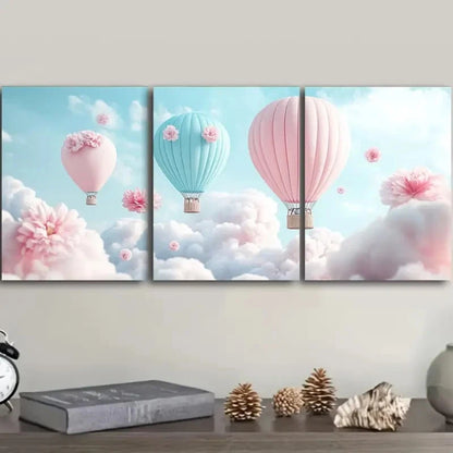 3pcs Hot Air Balloons Sky Wall Art Set Canvas Framed 50x70cm - High Quality Print 100% Australian Made Wall Canvas Ready to Hang