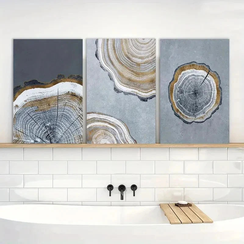 3pcs Vintage Tree Stump Blue & Golden Abstract Metal Print Ready to Hang Art - Bella Home Decor
