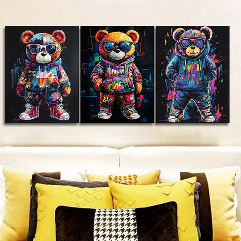 3pcs Featuring a Teddy Bear Adorned Solely Wall Art Set Canvas Unframed - High Quality Print 100% Australian Made Wall Canvas