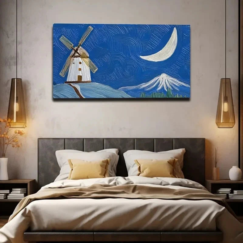 Moonlit Windmill Durable Wall Art Canvas Office Home Room Framed 120x60cm