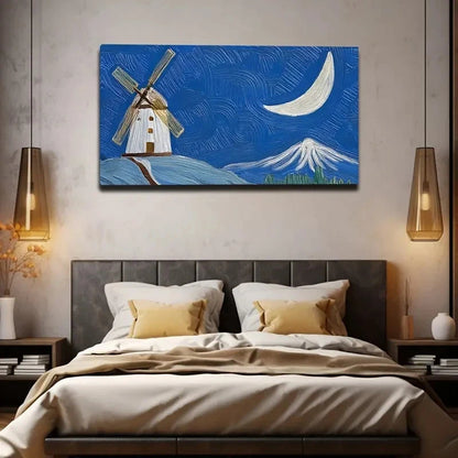 Moonlit Windmill Durable Wall Art Canvas Office Home Room Framed 120x60cm