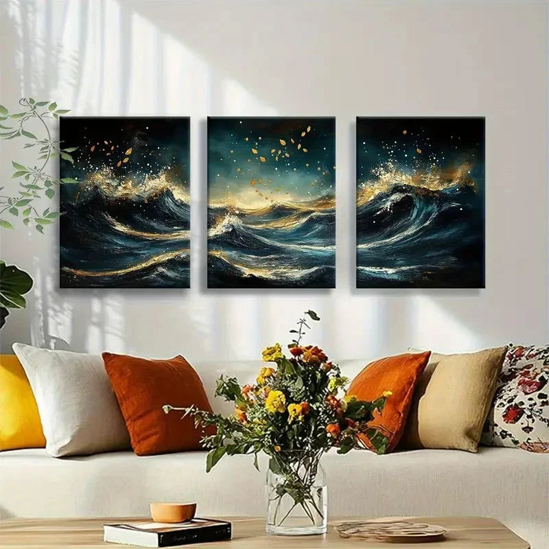 3pcs Deep Blue and Golden Dynamic Wave Design Metal Print Ready to Hang Art - Bella Home Decor
