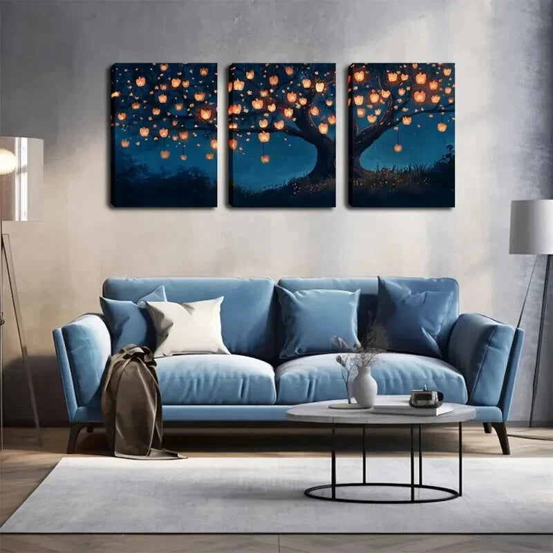 3pcs Vibrant Lanterns On Branches Design Perfect Wall Art Set Canvas Framed 60x90cm - High Quality Print 100% Australian Made Wall Canvas Ready to Hang - Bella Home Decor
