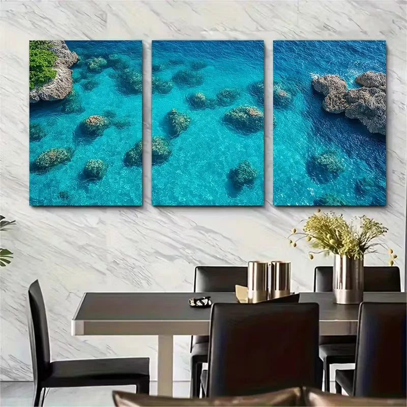3pcs Crystal Clear Shallow Blue Ocean Rock Metal Print Ready to Hang Art - Bella Home Decor