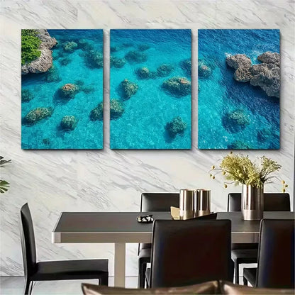 3pcs Crystal Clear Shallow Blue Ocean Rock Metal Print Ready to Hang Art - Bella Home Decor