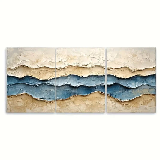 3pcs Neutral Abstract Textured Beige Blue Metal Print Ready to Hang Art