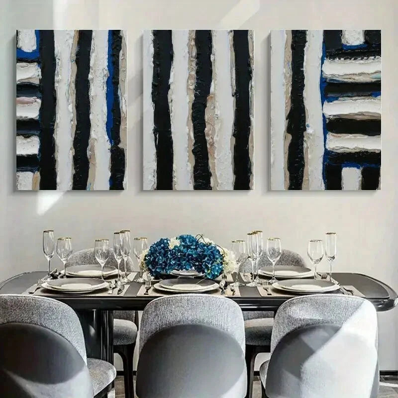 3pcs Abstract Composition of Black and White Metal Print Ready to Hang Art - Bella Home Decor