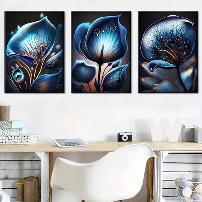 3pcs Modern Dark Blue Fantasy Flowers Abstract Wall Art Canvas Unframed - High Quality Print 100% Australian Made Wall Canvas