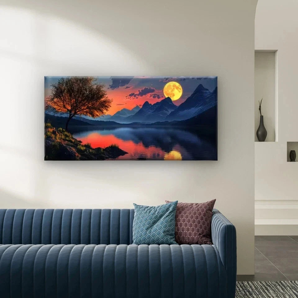 Mountain River Scene with Moon Wall Art Canvas Office Home Room Framed 120x60cm