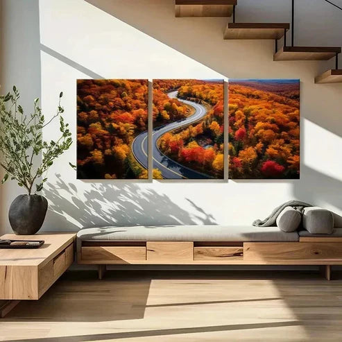 3pcs Golden Leaves Road Modern Decoratio Wall Art Set Canvas Unframed - High Quality Print 100% Australian Made Wall Canvas - Bella Home Decor