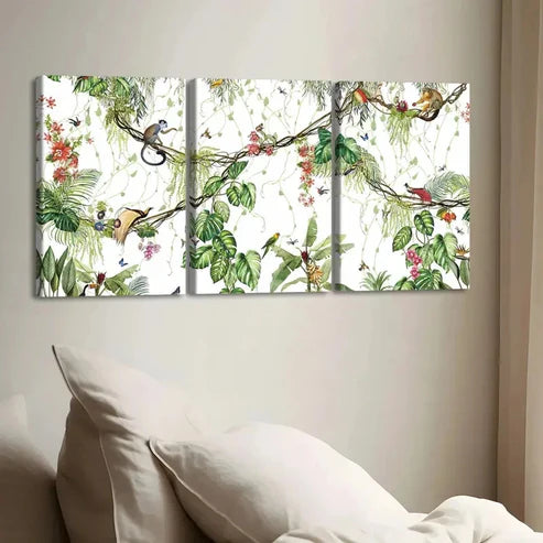 3pcs Tropical Forest Wildlife Monkey Green Leaf Wall Art Set Canvas Unframed - High Quality Print 100% Australian Made Wall Canvas