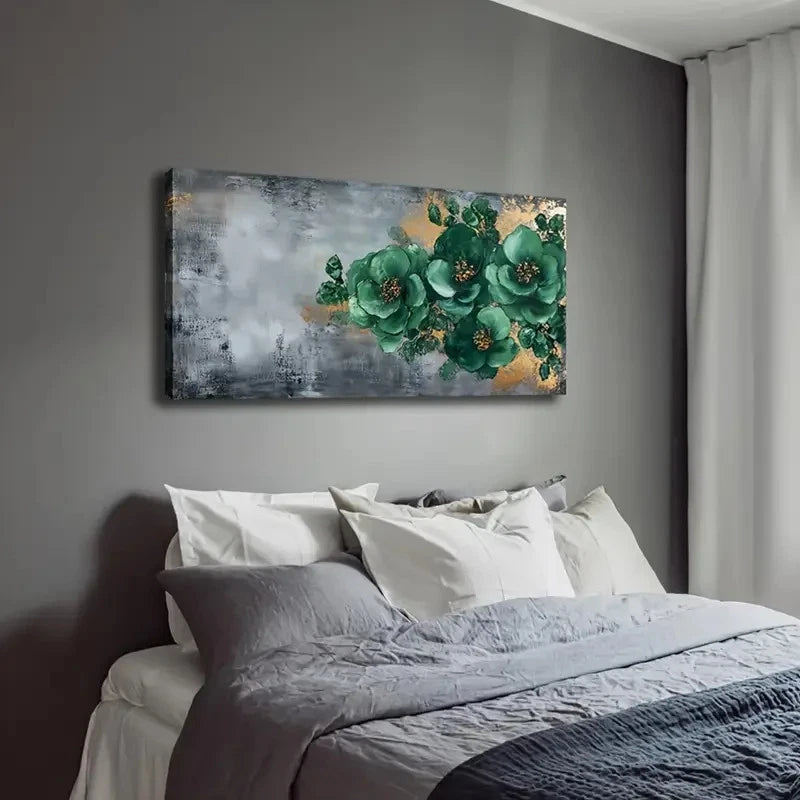 Deep Green Floral Golden Wall Art Canvas Office Home Room Framed 120x60cm