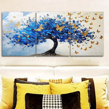 3pcs Abstract Blue Tree with Golden Leaves Metal Print Ready to Hang Art - Bella Home Decor