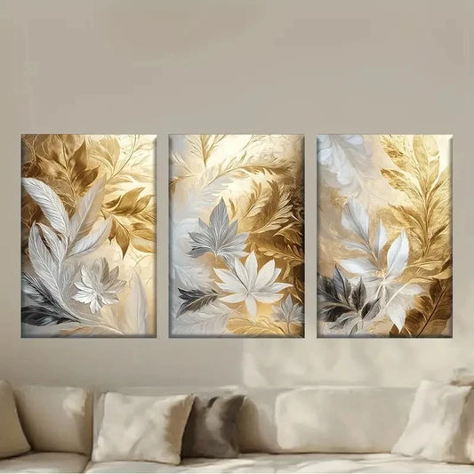 3pcs Golden Feathered Plants And Flowers Metal Print Ready to Hang Art