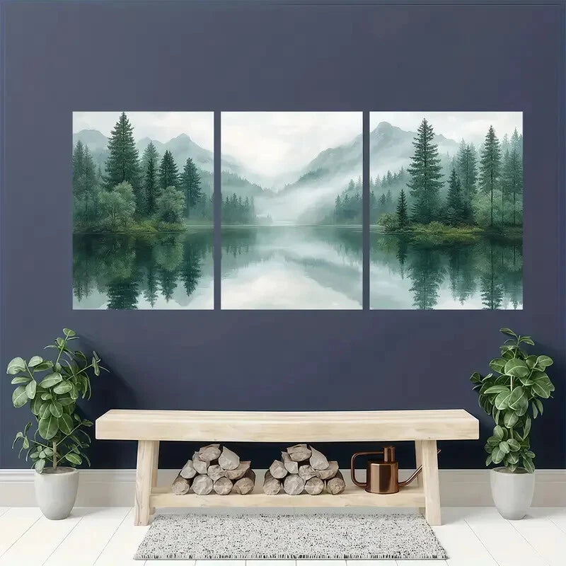 3pcs Pine Tree Forest Lake Landscape Minimalist Metal Print Ready to Hang Art - Bella Home Decor