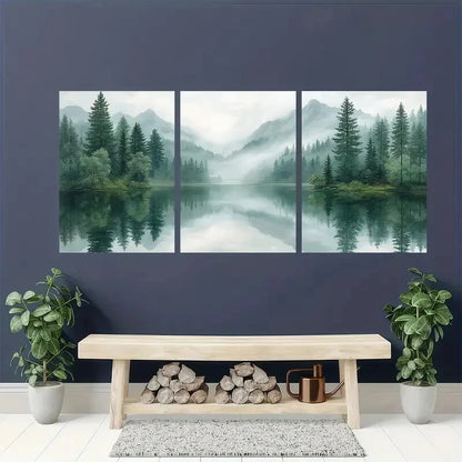 3pcs Pine Tree Forest Lake Landscape Minimalist Metal Print Ready to Hang Art - Bella Home Decor