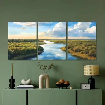 3pcs Serene River & Marsh Watercolor Landscape  Wall Art Set Canvas Unframed - High Quality Print 100% Australian Made Wall Canvas