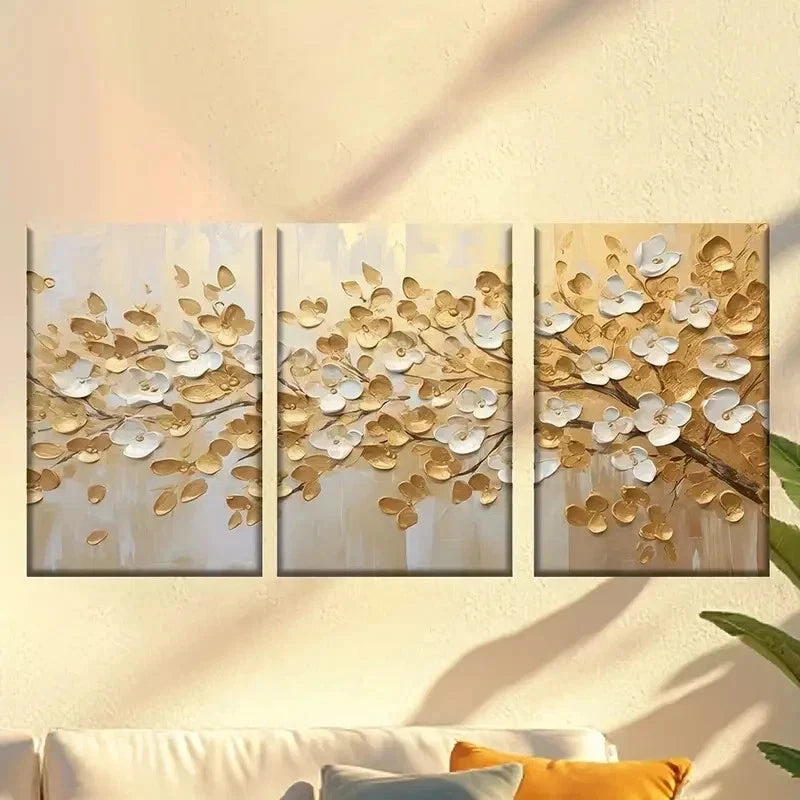 3pcs Painting of Golden Leaves White Background Wall Art Set Canvas Framed 60x90cm - High Quality Print 100% Australian Made Wall Canvas Ready to Hang