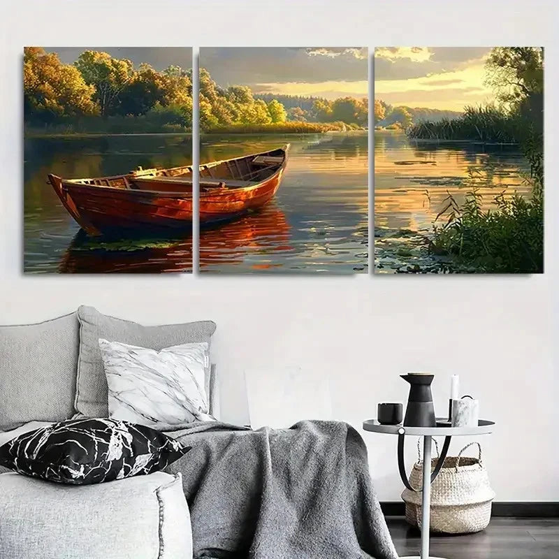 3pcs Autumn Boat on Calm River Metal Print Ready to Hang Art - Bella Home Decor