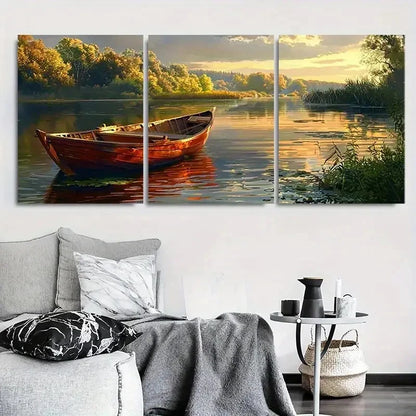 3pcs Autumn Boat on Calm River Metal Print Ready to Hang Art - Bella Home Decor