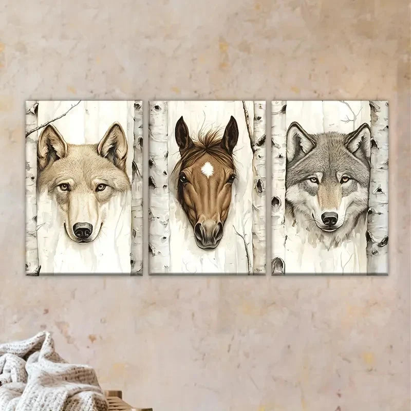 3pcs three wolves in birch trees Wall Art Set Canvas Framed 60x90cm - High Quality Print 100% Australian Made Wall Canvas Ready to Hang - Bella Home Decor