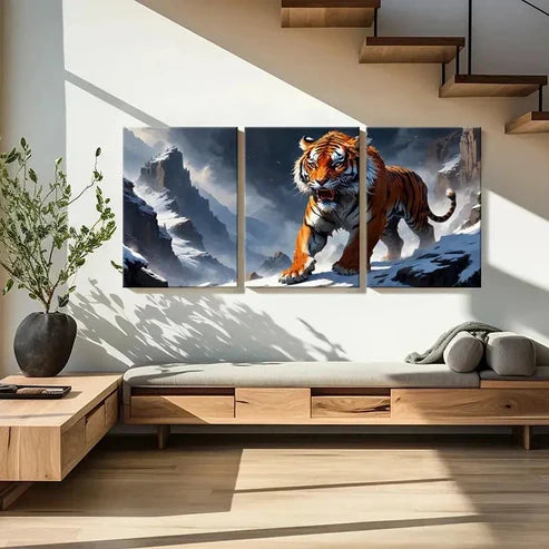 3pcs Snow Mountains & Angry Tiger Wall Art Set Canvas Unframed - High Quality Print 100% Australian Made Wall Canvas