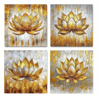 4pcs Golden Lotus Wall Art Canvas Framed
