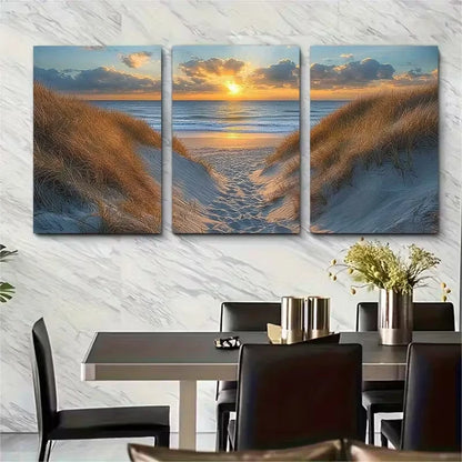 3pcs Sandy Beach Grassy Dunes Metal Print Ready to Hang Art