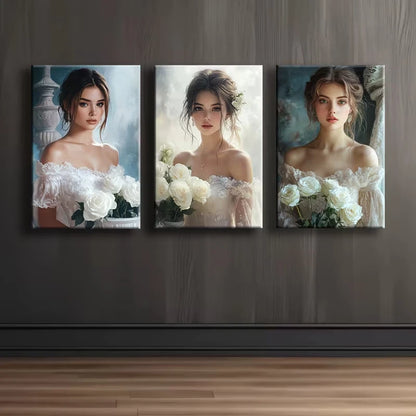 3pcs Elegant Girl with Bouquet Wall Art Set Canvas Framed 50x70cm - High Quality Print 100% Australian Made Wall Canvas Ready to Hang