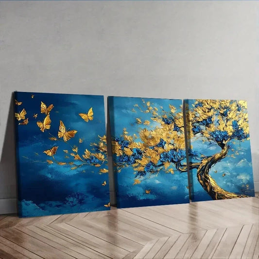 3pcs An abstract tree with golden leaves Wall Art Set Canvas Framed 50x70cm - High Quality Print 100% Australian Made Wall Canvas Ready to Hang