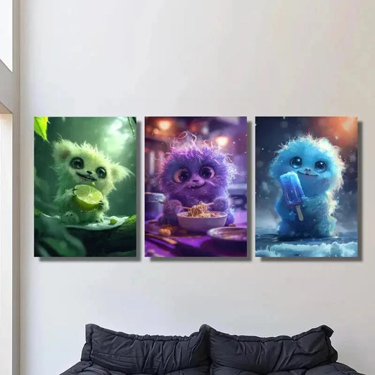 3pcs happy little monster eating noodles Metal Print Ready to Hang Art