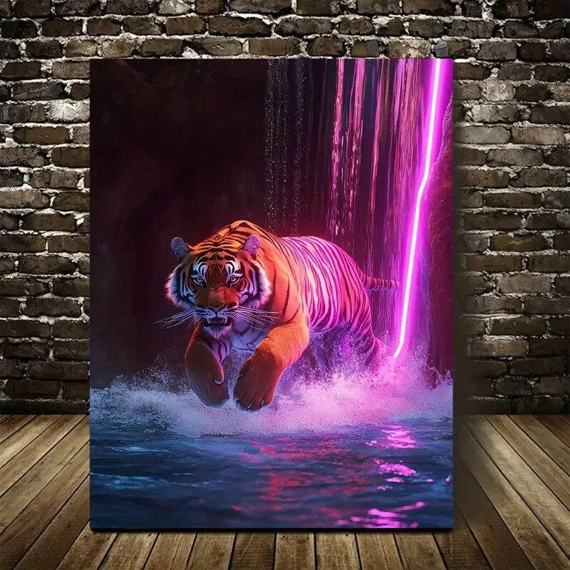 Vibrant Tiger Running Near Waterfall Painting 40x60cm Metal Print Ready to Hang