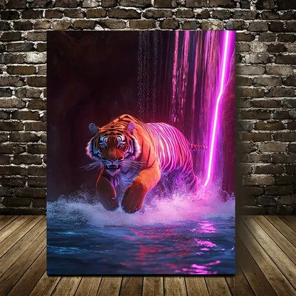 Vibrant Tiger Running Near Waterfall Painting 40x60cm Metal Print Ready to Hang
