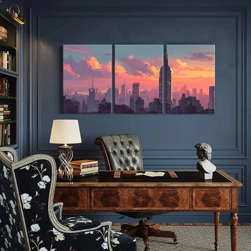 3pcs Cityscape Art Urban Skyline Sunset Glow Metal Print Ready to Hang Art - Bella Home Decor