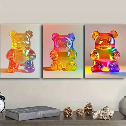 3pcs Gummy Bear, Art Deco Art Painting Metal Print Ready to Hang Art