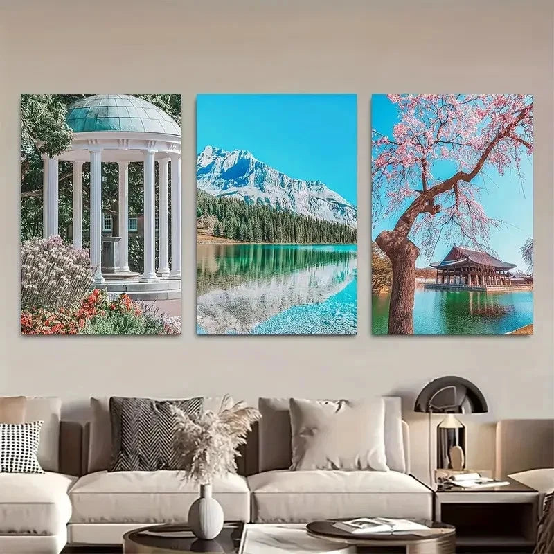 3pcs Travel, Chapel Hill Street Metal Print Ready to Hang Art